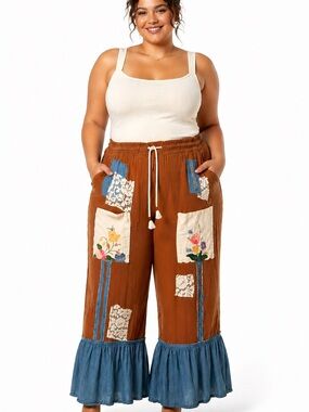 Upcycled Plus Size Brown Patchwork Wide-Leg Pants with Denim Ruffle